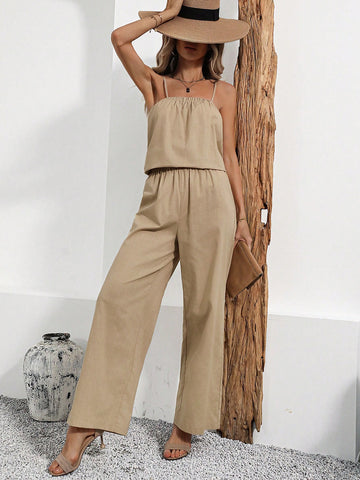 Ladies' Two Piece Set Consisting Of Apricot Spaghetti Strap Top And Pants For Summer