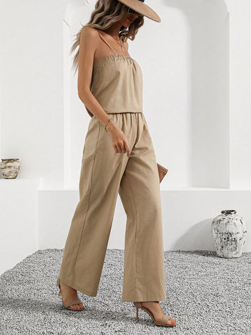 Ladies' Two Piece Set Consisting Of Apricot Spaghetti Strap Top And Pants For Summer