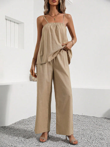 Ladies' Two Piece Set Consisting Of Apricot Spaghetti Strap Top And Pants For Summer
