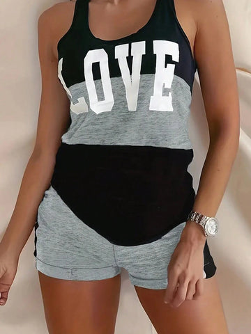 Ladies' Two Piece Set Of Color Block Letter Printed Vest And Shorts