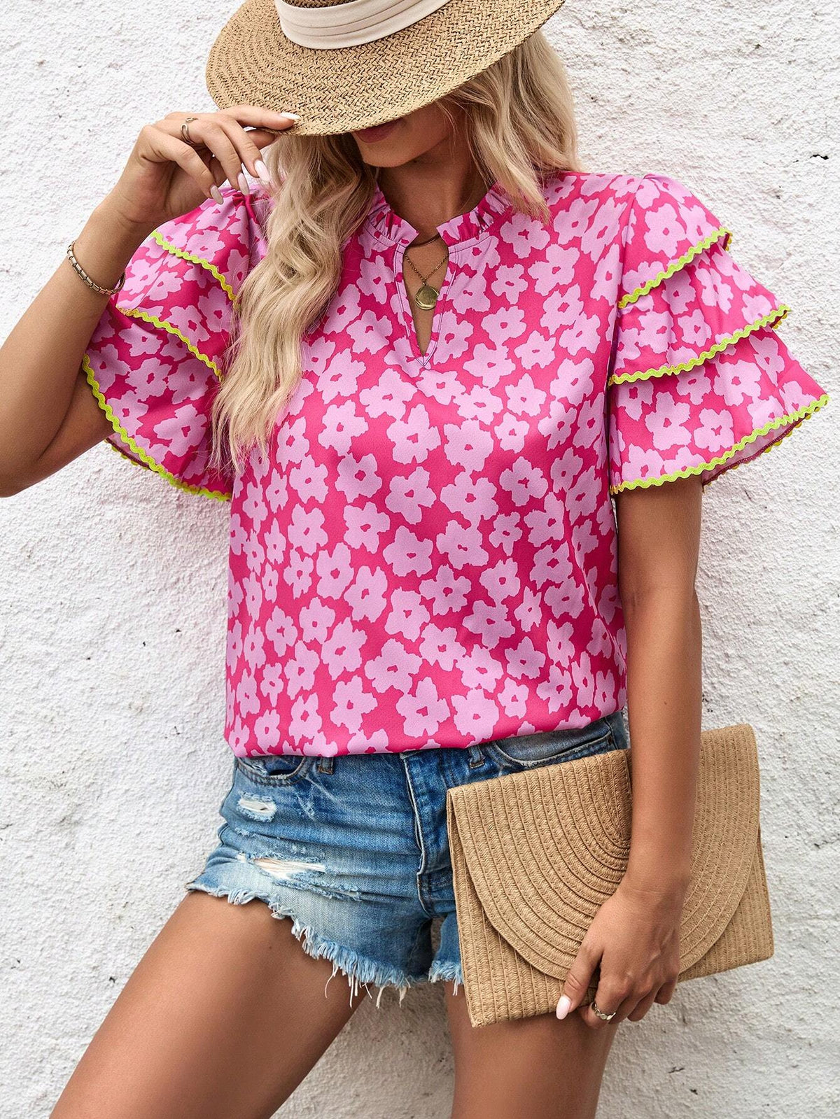 LUNE Ladies' Umbrella Print Umbrella Sleeve Lace Spliced Blouse