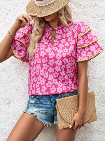 LUNE Ladies' Umbrella Print Umbrella Sleeve Lace Spliced Blouse