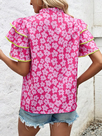 LUNE Ladies' Umbrella Print Umbrella Sleeve Lace Spliced Blouse