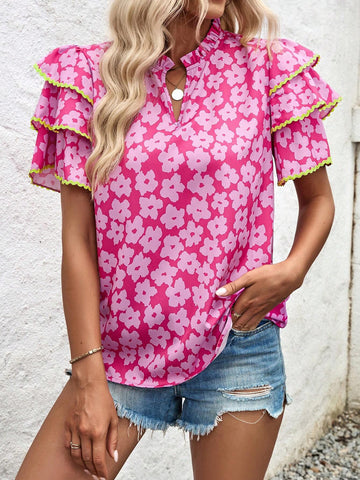 LUNE Ladies' Umbrella Print Umbrella Sleeve Lace Spliced Blouse