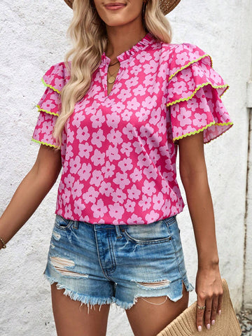 LUNE Ladies' Umbrella Print Umbrella Sleeve Lace Spliced Blouse