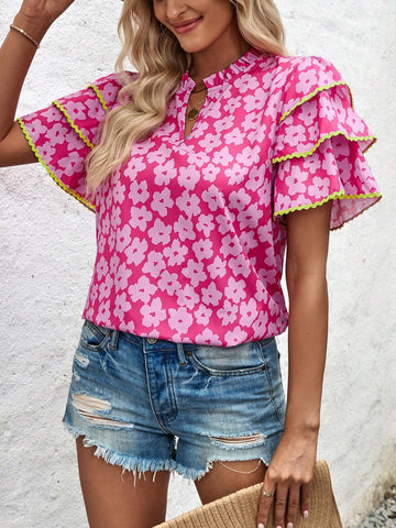 LUNE Ladies' Umbrella Print Umbrella Sleeve Lace Spliced Blouse