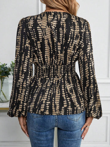 LUNE Ladies V-Neck Allover Allover Print Long Sleeve Blouse