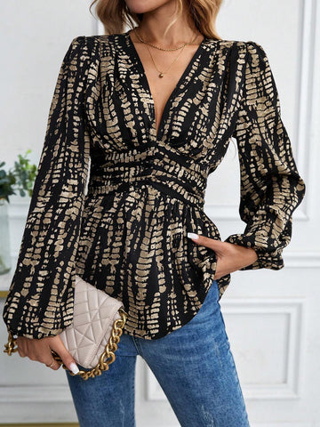 LUNE Ladies V-Neck Allover Allover Print Long Sleeve Blouse