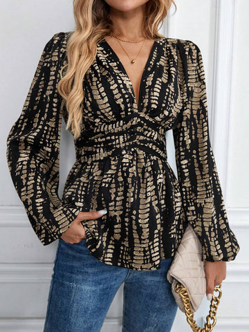 LUNE Ladies V-Neck Allover Allover Print Long Sleeve Blouse