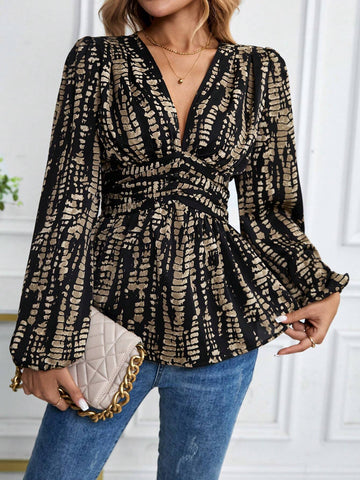 LUNE Ladies V-Neck Allover Allover Print Long Sleeve Blouse