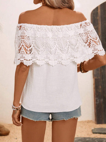 LUNE Ladies' Vacation Leisure Solid Color Off Shoulder Lace Patchwork Shirt