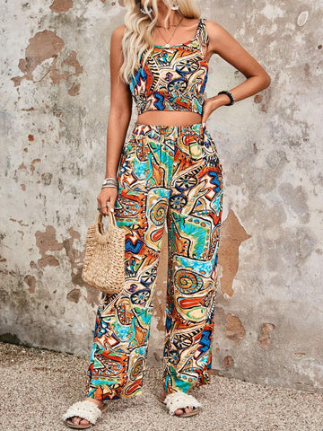 Ladies' Vacation Style Bandeau Top And High Waist Shorts Set