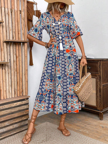 Ladies" Vintage Print Notched Neck Flare Sleeve Summer Dress