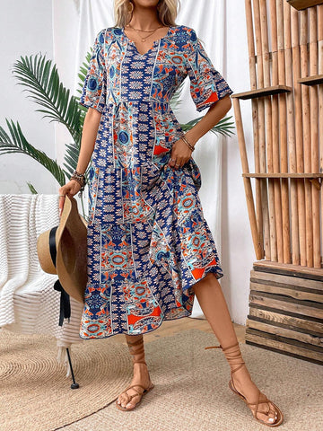 Ladies" Vintage Print Notched Neck Flare Sleeve Summer Dress