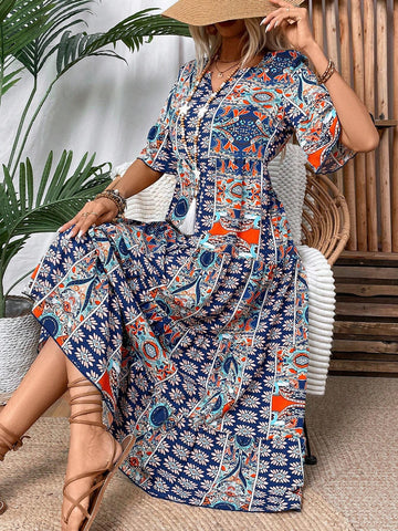 Ladies" Vintage Print Notched Neck Flare Sleeve Summer Dress
