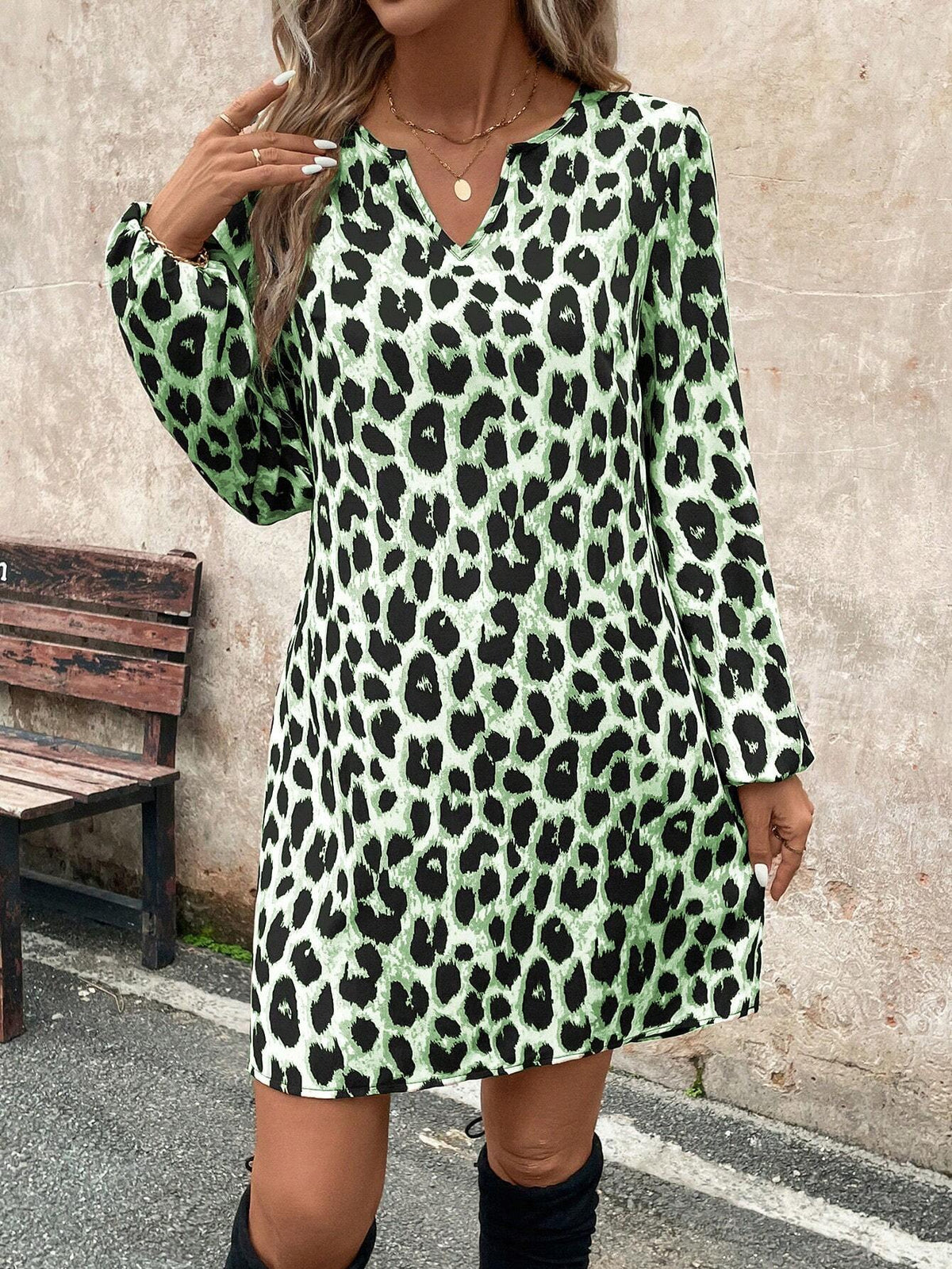 Lantern Sleeve Retro Leopard Print A-Line Dress, Casual Commute Elegant Streetwear,