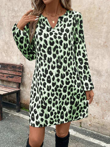 Lantern Sleeve Retro Leopard Print A-Line Dress, Casual Commute Elegant Streetwear,