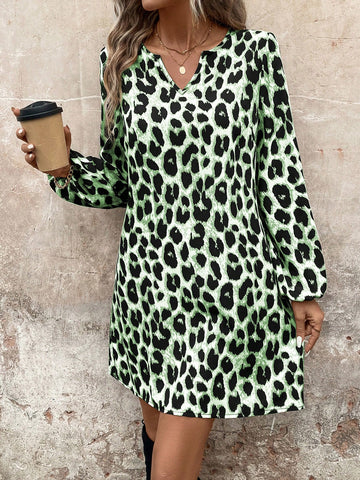 Lantern Sleeve Retro Leopard Print A-Line Dress, Casual Commute Elegant Streetwear,