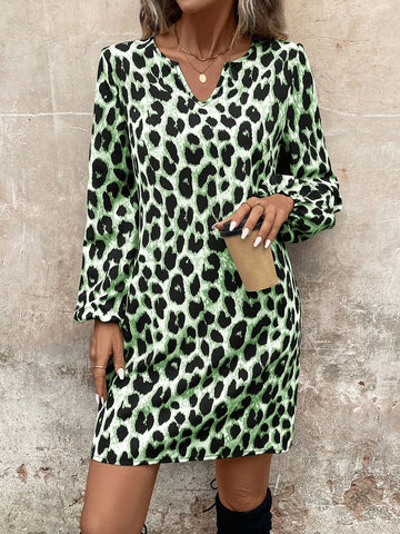 Lantern Sleeve Retro Leopard Print A-Line Dress, Casual Commute Elegant Streetwear,