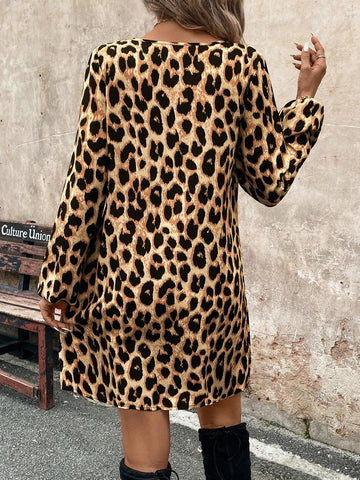 Lantern Sleeve Retro Leopard Print A-Line Dress, Casual Yet Elegant For Commute And Outing,