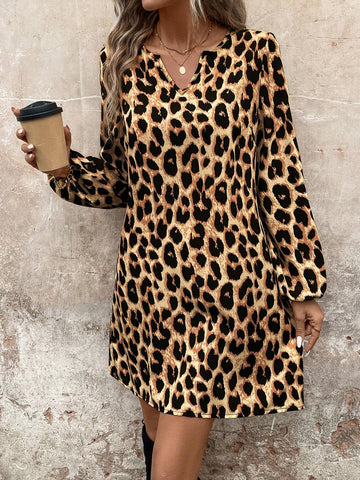 Lantern Sleeve Retro Leopard Print A-Line Dress, Casual Yet Elegant For Commute And Outing,