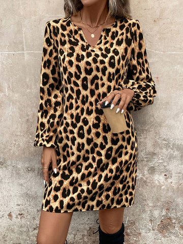Lantern Sleeve Retro Leopard Print A-Line Dress, Casual Yet Elegant For Commute And Outing,