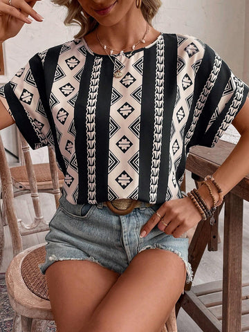 LUNE Leisure Batwing Sleeve Black And White Printed Women Blouse