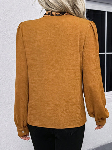 LUNE Leopard Print Bow-Tie Collar Long Sleeve Women Blouse Leopard Top