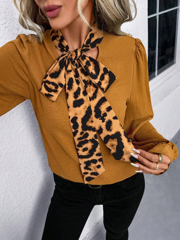LUNE Leopard Print Bow-Tie Collar Long Sleeve Women Blouse Leopard Top