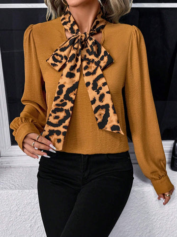 LUNE Leopard Print Bow-Tie Collar Long Sleeve Women Blouse Leopard Top
