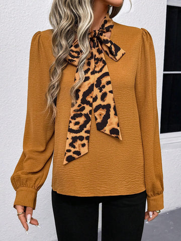LUNE Leopard Print Bow-Tie Collar Long Sleeve Women Blouse Leopard Top