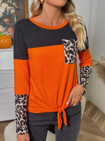 Leopard Print Colorblock Knot Hem Tee