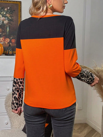 Leopard Print Colorblock Knot Hem Tee