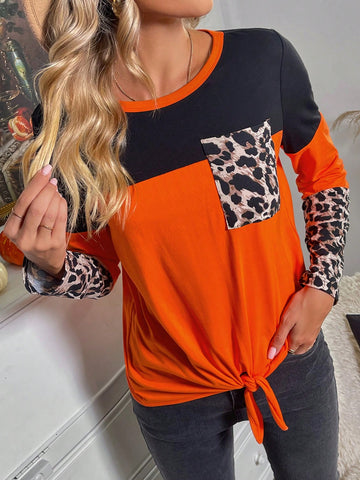 Leopard Print Colorblock Knot Hem Tee