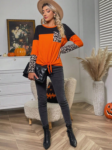 Leopard Print Colorblock Knot Hem Tee