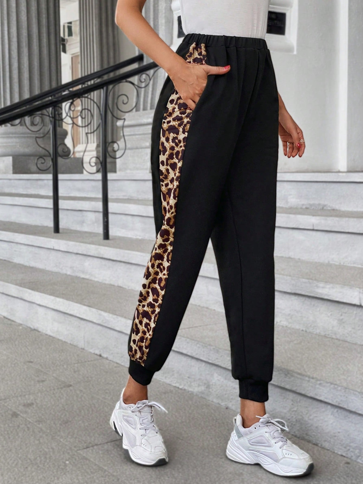 LUNE Leopard Print Contrast Side Seam Sweatpants