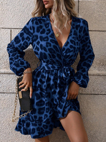 Leopard Print Cross Wrap Belted Elegant Long Sleeve Dress