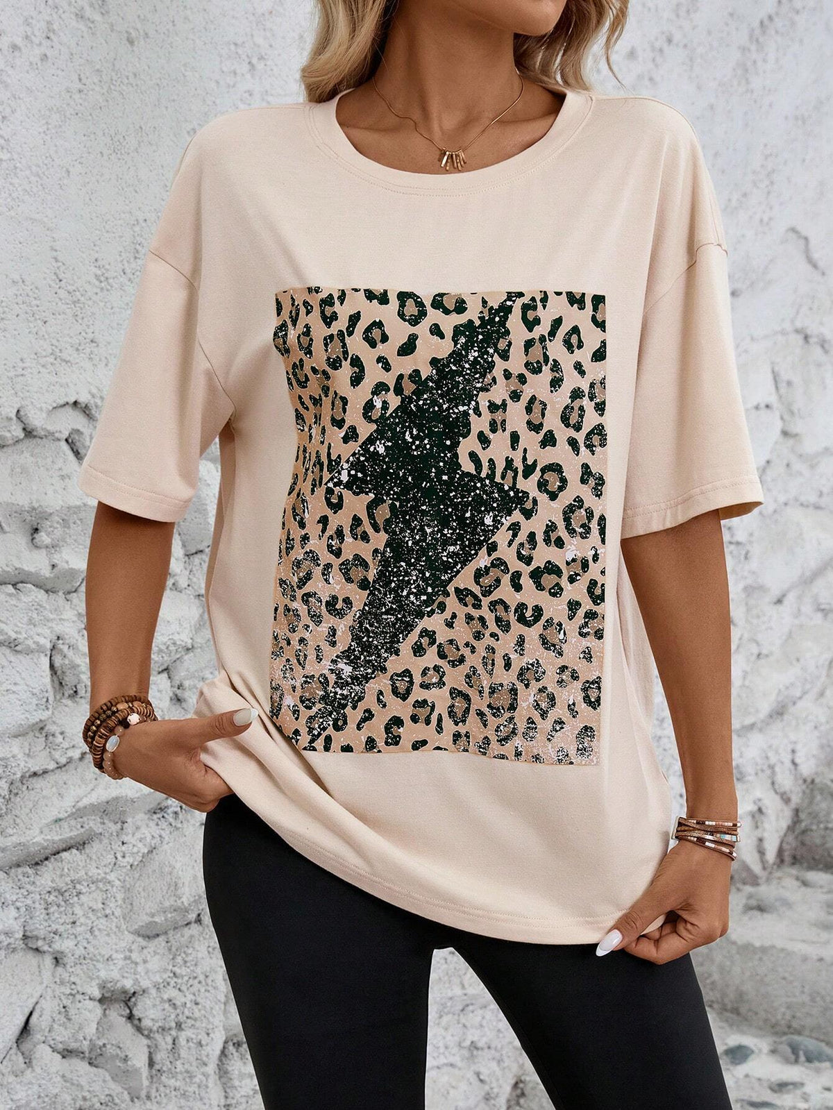 Leopard Print Drop Shoulder Tee & Solid Biker Shorts