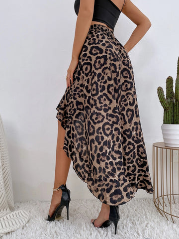 LUNE Leopard Print High Low Ruffle Hem Skirt