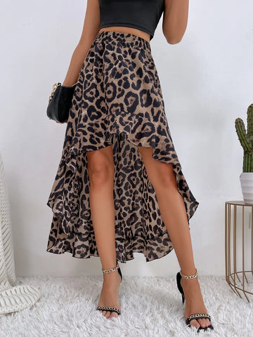 LUNE Leopard Print High Low Ruffle Hem Skirt