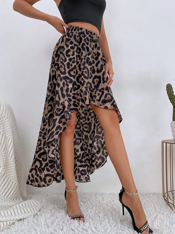 LUNE Leopard Print High Low Ruffle Hem Skirt