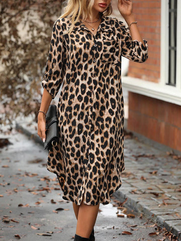 Leopard Print Roll Tab Sleeve Shirt Dress