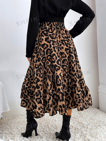 LUNE Leopard Print Ruffle Hem Skirt