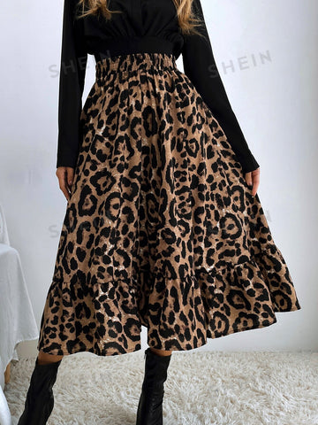 LUNE Leopard Print Ruffle Hem Skirt