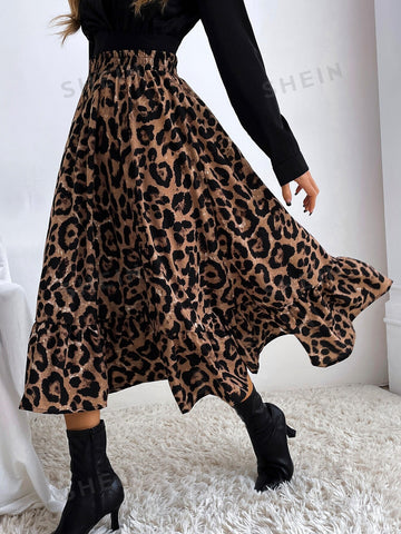 LUNE Leopard Print Ruffle Hem Skirt