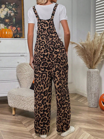 Leopard Print Slant Pocket Overall Jumpsuit Without Tee