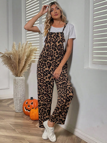 Leopard Print Slant Pocket Overall Jumpsuit Without Tee