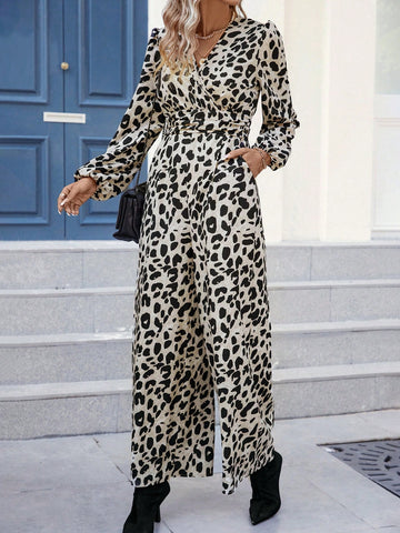 Leopard Print Surplice Neck Jumpsuit