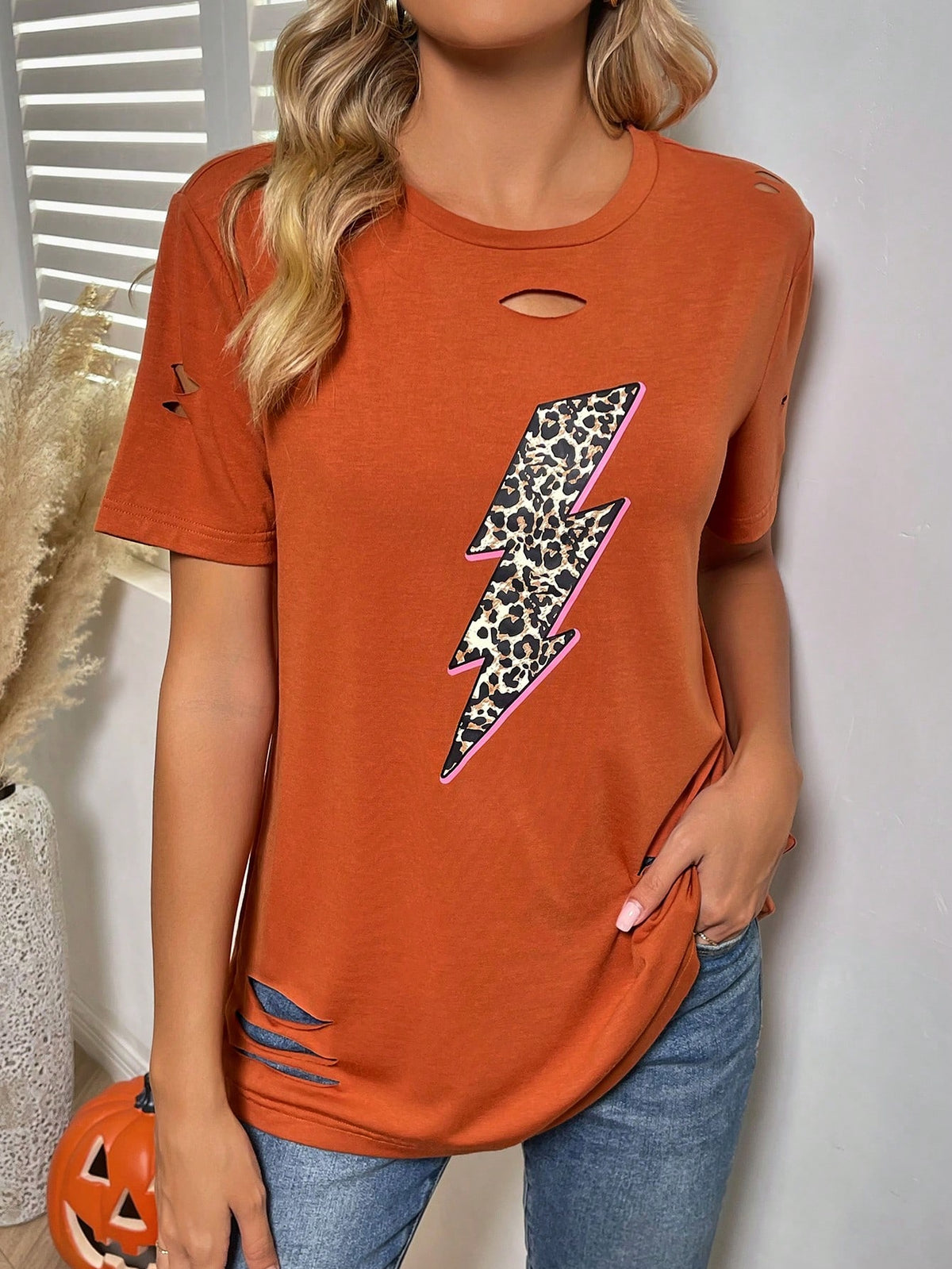 Leopard & Lightning Print Ripped Tee