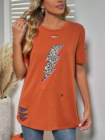 Leopard & Lightning Print Ripped Tee